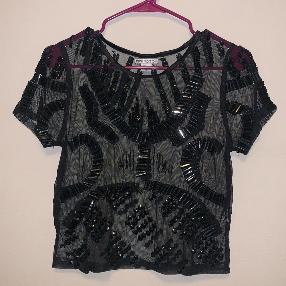 Bar III Front Row Sheer Mesh Top with Sequins and Beading